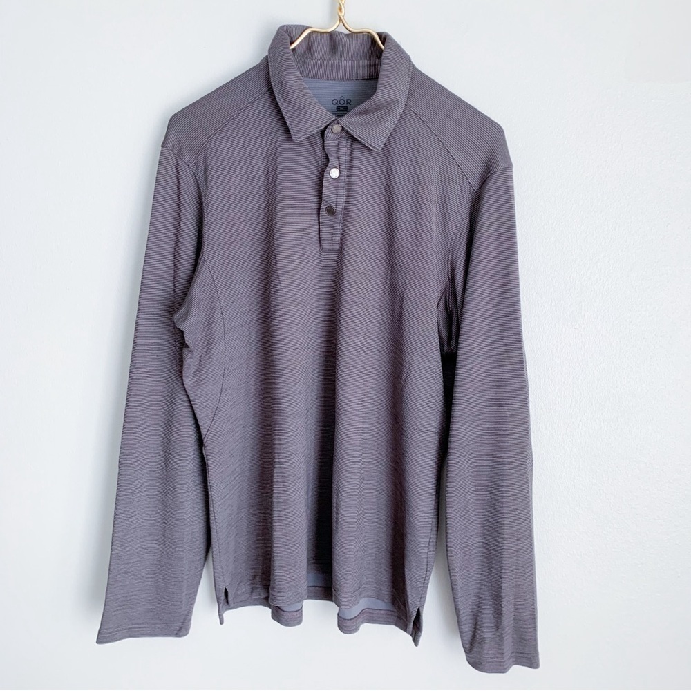 QOR Mens striped wool blend quarter snap button long sleeve shirt grey medium